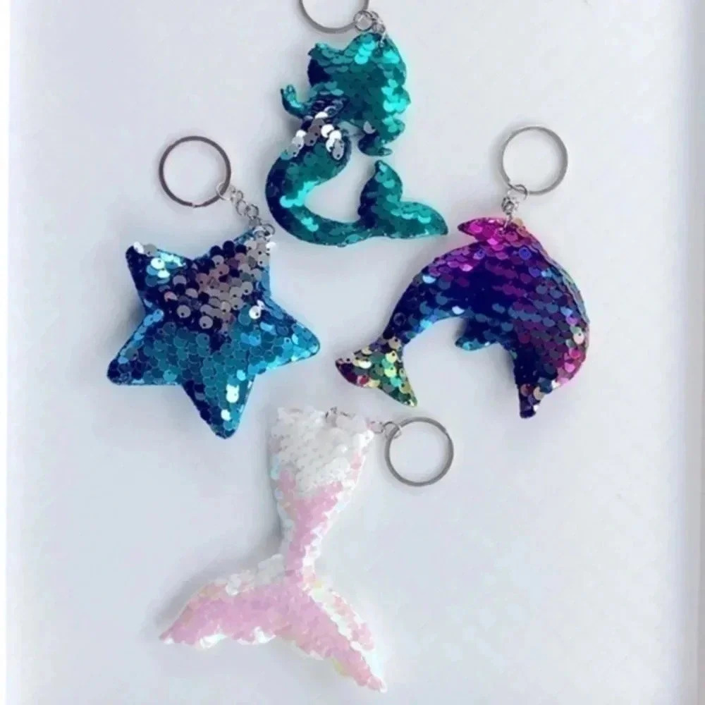 Set of 4 Sequined Sea Mermaid Dolphin Keychains